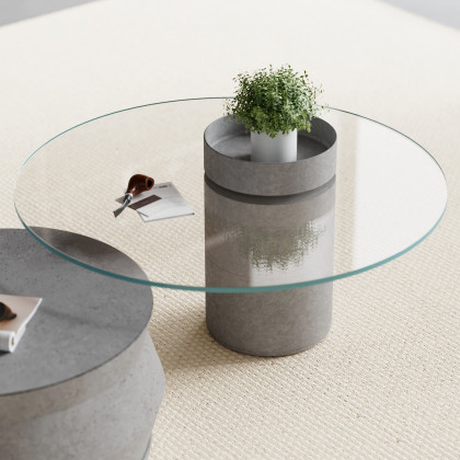 HMR - Set of 2 Round Nesting Coffee Table Set Glass Modern Concrete Gray Drum Coffee Table