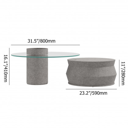 HMR - Set of 2 Round Nesting Coffee Table Set Glass Modern Concrete Gray Drum Coffee Table