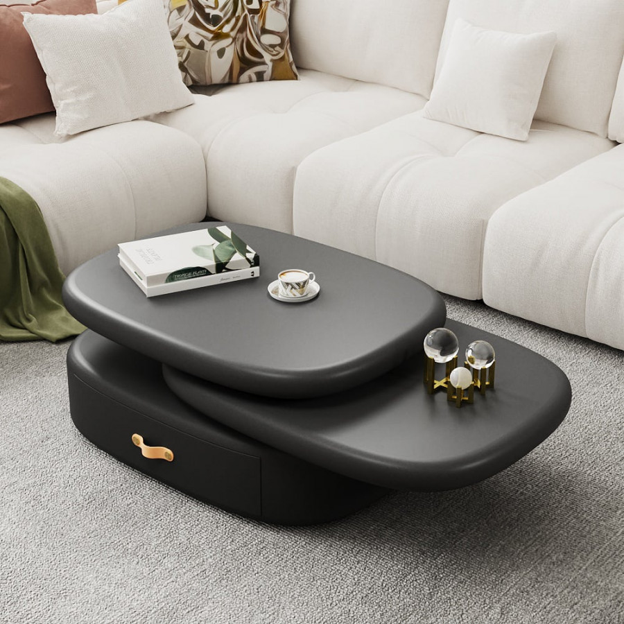 HMR - 3-Tiered Modern Oval Black Pebbles Rotating Coffee Table with Storage