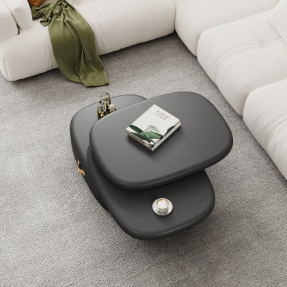 HMR - 3-Tiered Modern Oval Black Pebbles Rotating Coffee Table with Storage