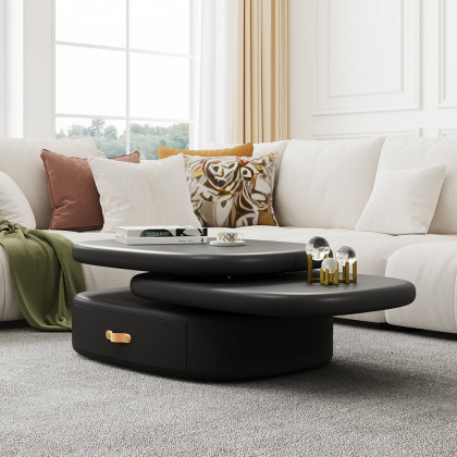 HMR - 3-Tiered Modern Oval Black Pebbles Rotating Coffee Table with Storage