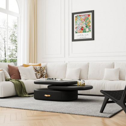 HMR - 3-Tiered Modern Oval Black Pebbles Rotating Coffee Table with Storage