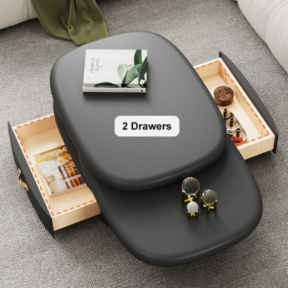 HMR - 3-Tiered Modern Oval Black Pebbles Rotating Coffee Table with Storage