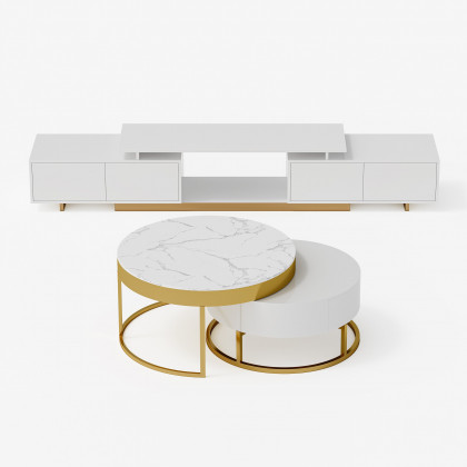 HMR Mordelle Glossy Extendable TV Stand & Coffee Table Set - White, Style B
