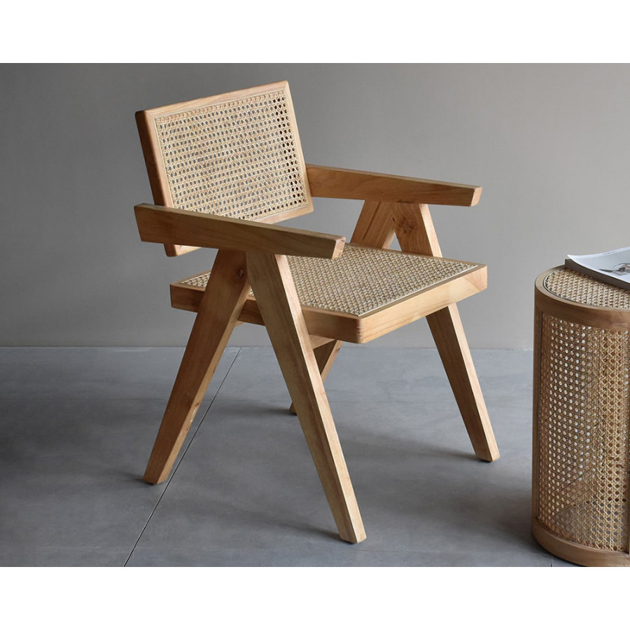 HMR Archic Japandi Bleached Wood Rattan Dining Chair with Solid Wood Frame - Natural, Without Upholstery, 6-Pieces