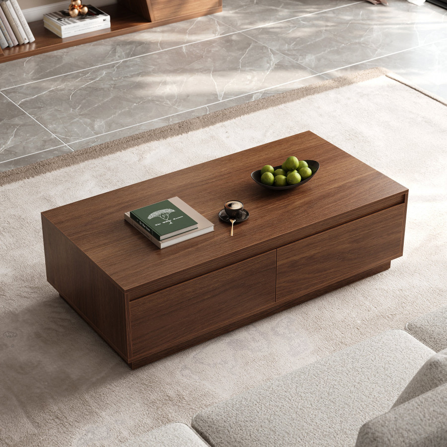 HMR - 47" Mid Century Rectangular Walnut Block Coffee Table