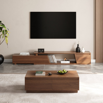 HMR - 47" Mid Century Rectangular Walnut Block Coffee Table
