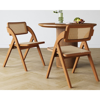 HMR Japandi Folding Solid Wood Natural Dining Chairs - Walnut, 2-Pieces