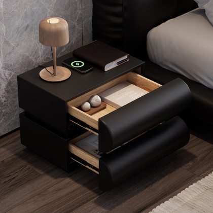 HMR Humply Modern Leather Smart Nightstand with Wireless Charger Drawers - Black, 2-Drawer, Set Of 2
