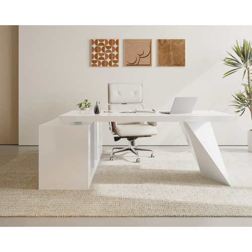 HMR Modern L-Shape Executive Desk & Office Chair Set - White, 78.7"L x 70.9"W x 29.5"H, Right Hand
