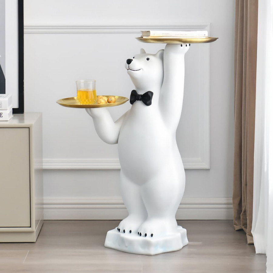 HMR - Modern White Bear Side Table Resin Tiered Tray Top End Table in Gold
