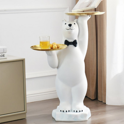 HMR - Modern White Bear Side Table Resin Tiered Tray Top End Table in Gold