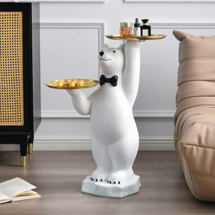 HMR - Modern White Bear Side Table Resin Tiered Tray Top End Table in Gold