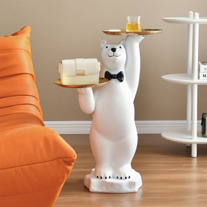 HMR - Modern White Bear Side Table Resin Tiered Tray Top End Table in Gold