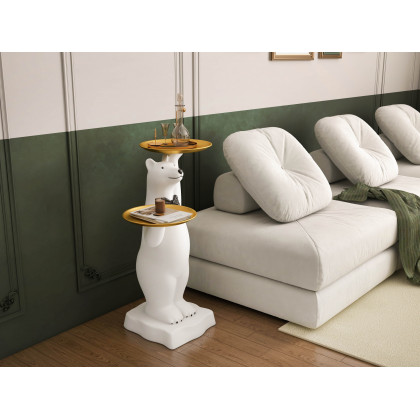 HMR - Modern White Bear Side Table Resin Tiered Tray Top End Table in Gold