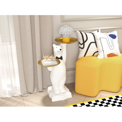 HMR - Modern White Bear Side Table Resin Tiered Tray Top End Table in Gold