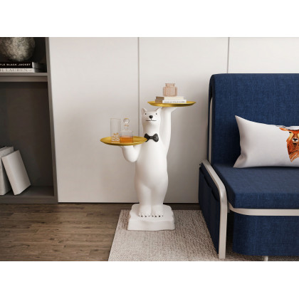 HMR - Modern White Bear Side Table Resin Tiered Tray Top End Table in Gold