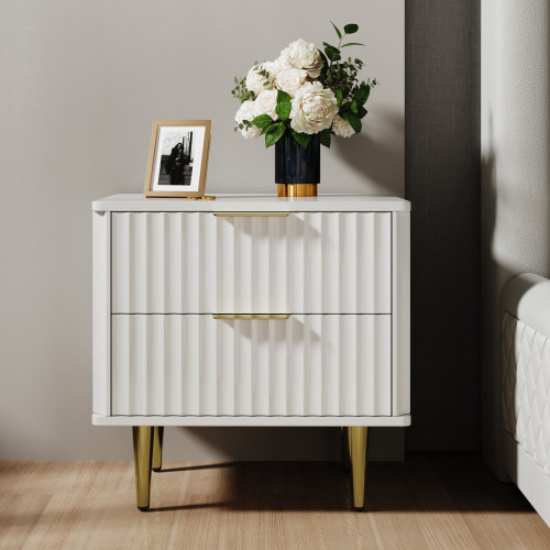 HMR Modern White Nightstand with 2 Drawers Bedside Table with Gold Legs - Set of 2