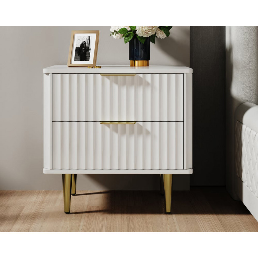 HMR Modern White Nightstand with 2 Drawers Bedside Table with Gold Legs - Set of 2
