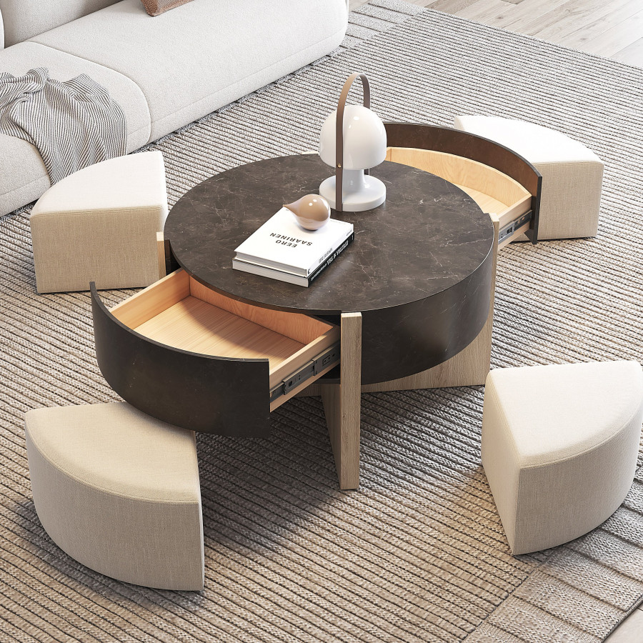 HMR - Round Nesting Coffee Table with 4 Stool & 2 Drawers in Distressed Gray