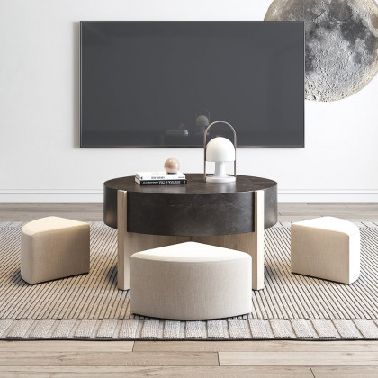 HMR - Round Nesting Coffee Table with 4 Stool & 2 Drawers in Distressed Gray