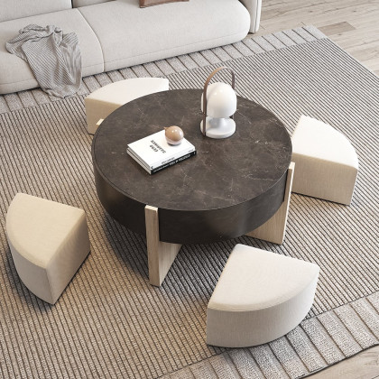 HMR - Round Nesting Coffee Table with 4 Stool & 2 Drawers in Distressed Gray
