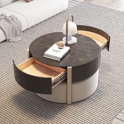 HMR - Round Nesting Coffee Table with 4 Stool & 2 Drawers in Distressed Gray