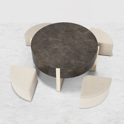HMR - Round Nesting Coffee Table with 4 Stool & 2 Drawers in Distressed Gray