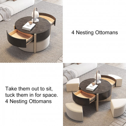 HMR - Round Nesting Coffee Table with 4 Stool & 2 Drawers in Distressed Gray