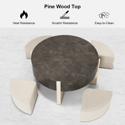 HMR - Round Nesting Coffee Table with 4 Stool & 2 Drawers in Distressed Gray