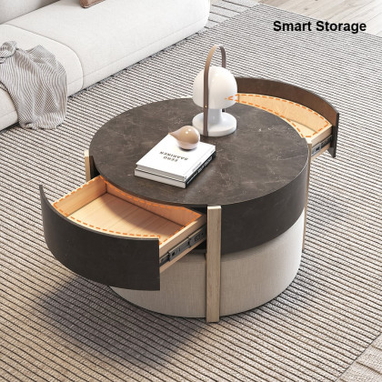HMR - Round Nesting Coffee Table with 4 Stool & 2 Drawers in Distressed Gray