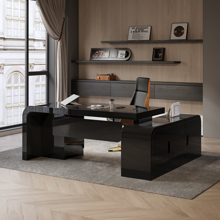 HMR L-shaped Modern Executive Desk & Reclining Leather Office Chair - Black, 70.9"L x 63.0"W x 29.9"H, Left Hand