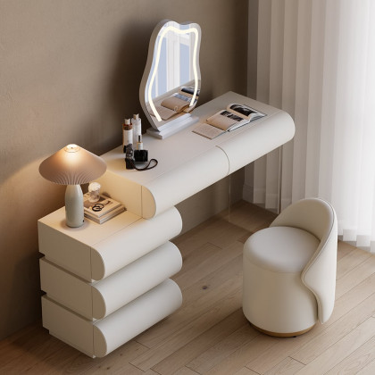 HMR Humply White Leather Wingback King Bed Frame - White, Bed & Makeup Vanity Set