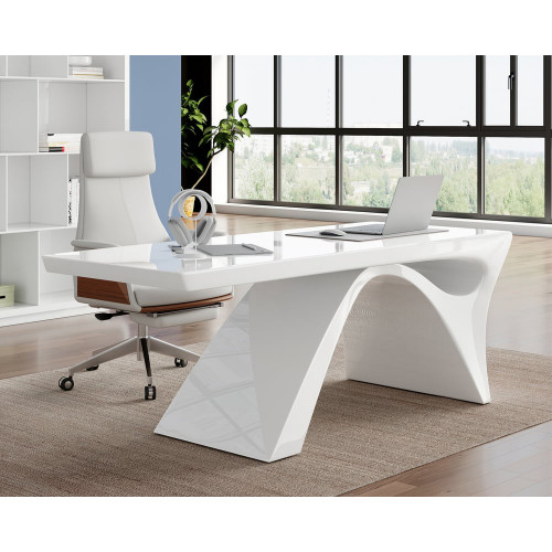 HMR - Modern White Computer Desk & Leather Office Desk Chair Set High Back Adjustable