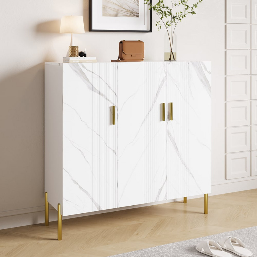 HMR - Marble Texture Shoe Storage Cabinet 3 Doors & 5 Shelves Entryway Closet Shoe Storage