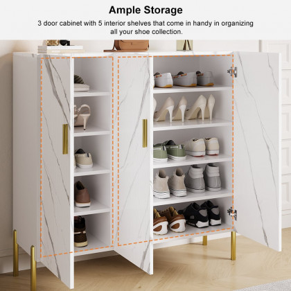 HMR - Marble Texture Shoe Storage Cabinet 3 Doors & 5 Shelves Entryway Closet Shoe Storage