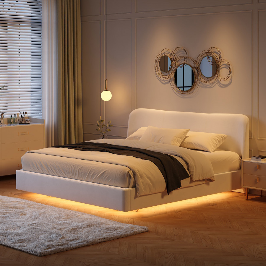 HMR - Modern White Velvet King Floating Wingback Bed with Storage & Light