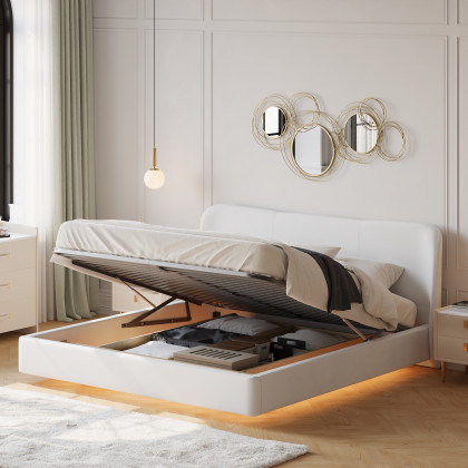 HMR - Modern White Velvet King Floating Wingback Bed with Storage & Light