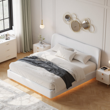 HMR - Modern White Velvet King Floating Wingback Bed with Storage & Light