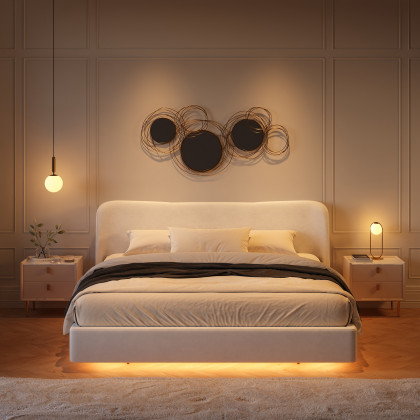 HMR - Modern White Velvet King Floating Wingback Bed with Storage & Light