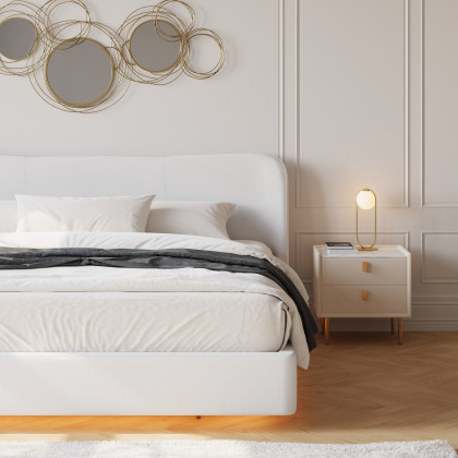 HMR - Modern White Velvet King Floating Wingback Bed with Storage & Light