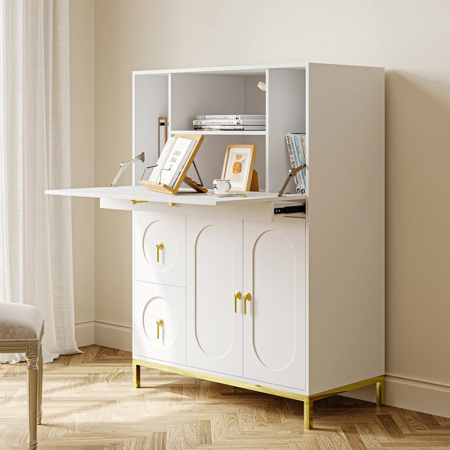 HMR - 39.4" Modern White & Gold Secretary Desk with 3 Drawers and 3 Doors Flip Design