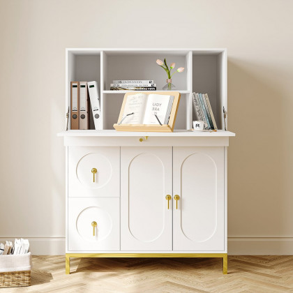 HMR - 39.4" Modern White & Gold Secretary Desk with 3 Drawers and 3 Doors Flip Design