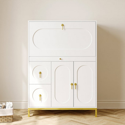 HMR - 39.4" Modern White & Gold Secretary Desk with 3 Drawers and 3 Doors Flip Design