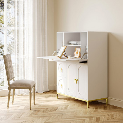 HMR - 39.4" Modern White & Gold Secretary Desk with 3 Drawers and 3 Doors Flip Design