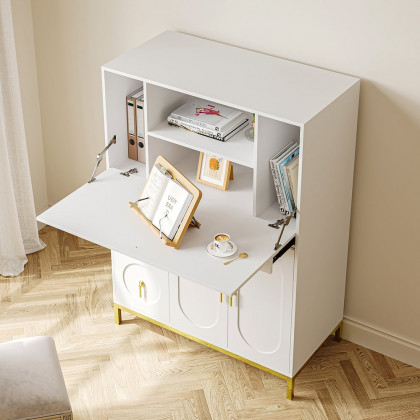 HMR - 39.4" Modern White & Gold Secretary Desk with 3 Drawers and 3 Doors Flip Design