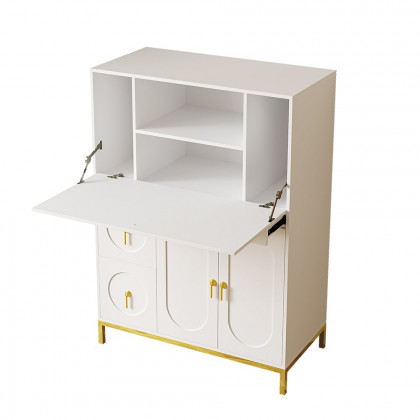 HMR - 39.4" Modern White & Gold Secretary Desk with 3 Drawers and 3 Doors Flip Design