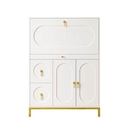 HMR - 39.4" Modern White & Gold Secretary Desk with 3 Drawers and 3 Doors Flip Design