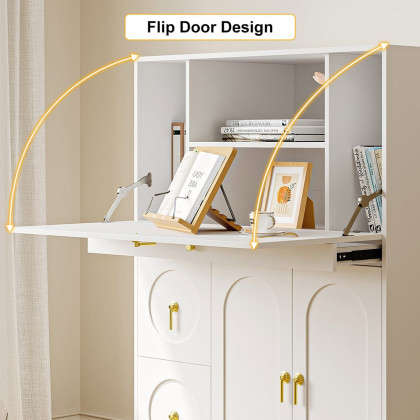 HMR - 39.4" Modern White & Gold Secretary Desk with 3 Drawers and 3 Doors Flip Design