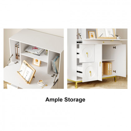 HMR - 39.4" Modern White & Gold Secretary Desk with 3 Drawers and 3 Doors Flip Design